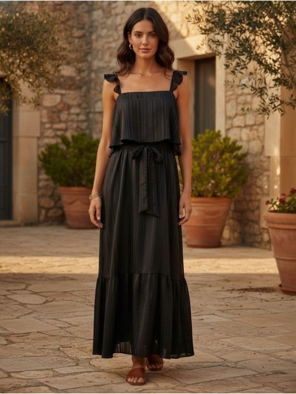 Andrée Black Shimmer Maxi Dress L Resort Chic Coastal Luxe Glam NWT - Picture 3 of 10